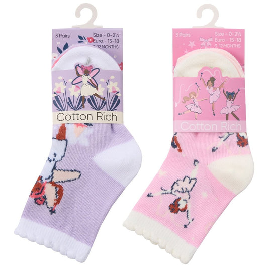 Baby Girls 3 Pack Cotton Rich Ankle Socks - Fairy (0-5.5) (PK12) 44B1012