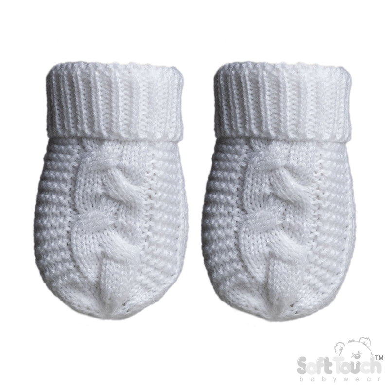 WHITE INFANTS RECYCLED ACRYLIC CABLE KNIT MITTENS - (NB-12 Months) (PK12) EBM800-W