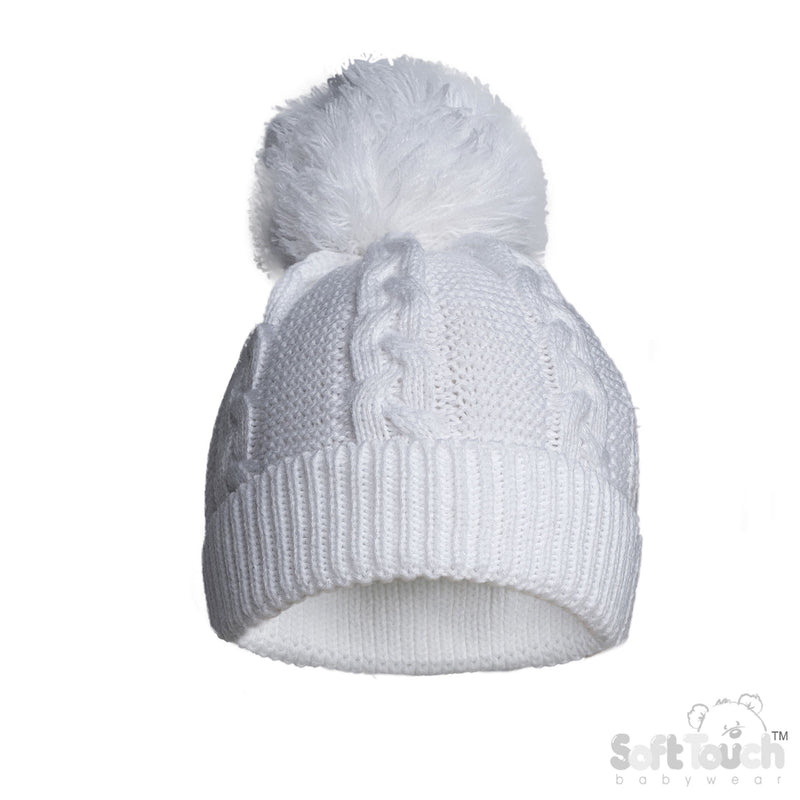 Infant Recycled Acrylic Cable Knit Pom Pom Hat - White (12-24m) (PK6) H802-W