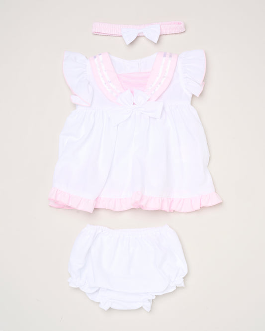 Baby Girls Dress, Pant & Headband Set - White/Navy/Pink (0-9m) (PK6) H12816NB