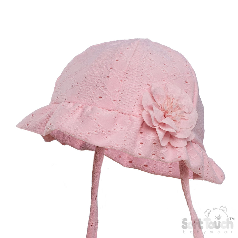 PINK BROIDERY ANGLAIS HAT W/FLOWER (0-24 M) (PK 6) H80-P
