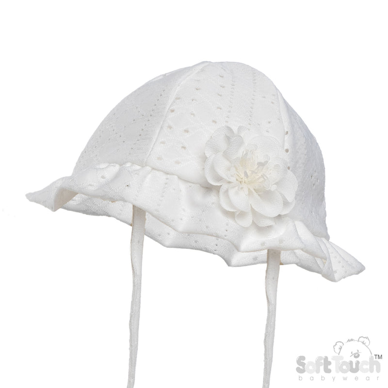 WHITE BROIDERY ANGLAIS HAT W/FLOWER (0-24 M) (PK 6) H80-W