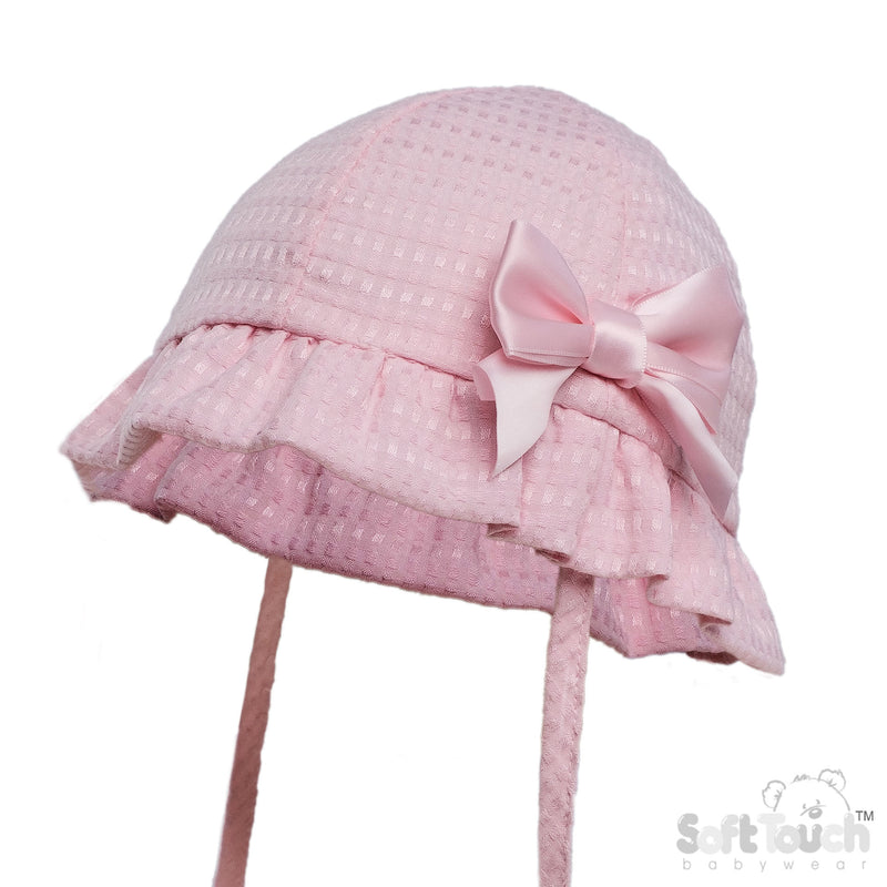 PINK CHECKED HAT W/BOW  (0-24 M) (PK 6) H82-P