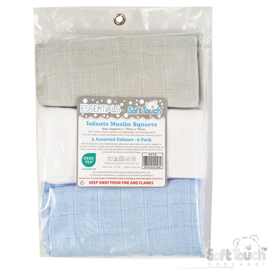 MULTICOLOUR 6-PACK PLAIN MUSLIN SQUARES (PK6) MS11-B