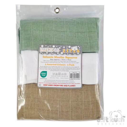 MULTICOLOUR 6-PACK PLAIN MUSLIN SQUARES (PK6) MS11-N