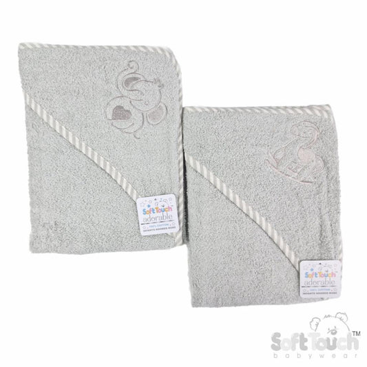 Grey Hooded Towel - Elephant/Horse (70X70cm) (PK6) HT13G