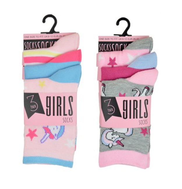 Girls 3 Pack Unicorn Design Socks (PK12) (9-12 to 4-6) SK713A