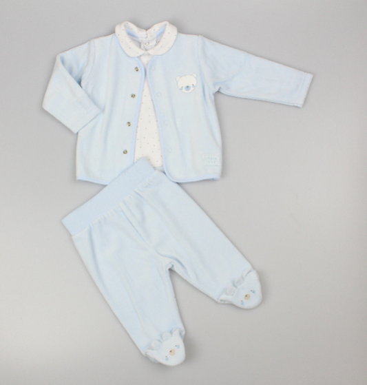 Baby Boys Velour 3pc Embossed Set - Sky/Teddy (0-9M) (PK6) M15968