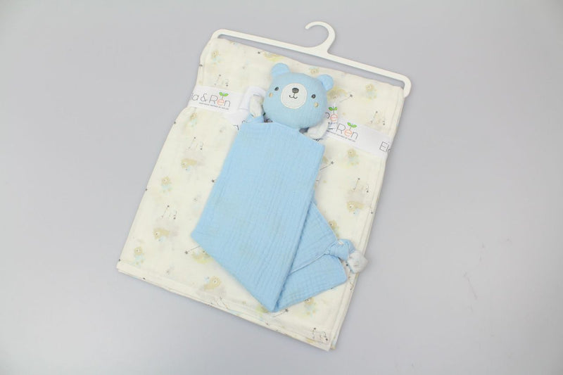 Blanket double layer flat muslin w/ crinkle comforter Teddy Moon- Blue (PK6)- E13408