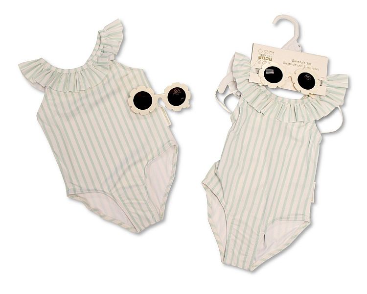 Baby Girls Ruffle Neck Swimsuit with Sunglasses - Sage (12-24M) (PK6) BIS-2120-6230