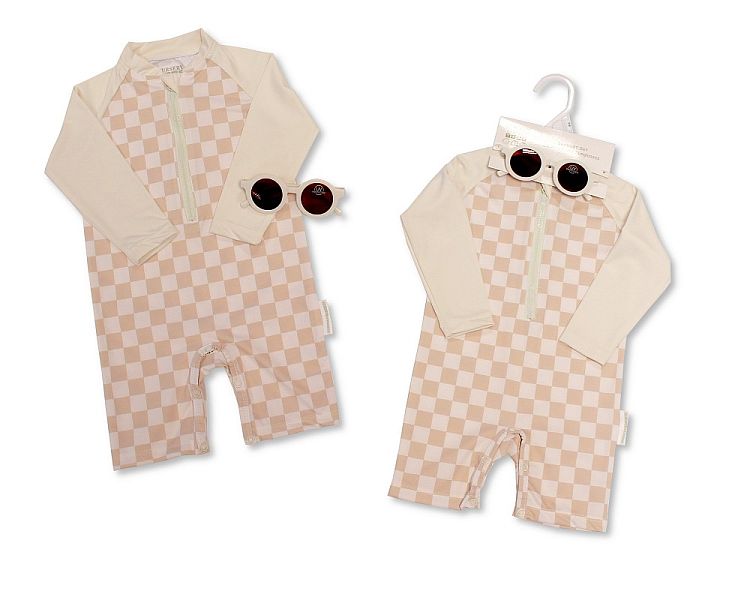Baby Boys Zip Up Swimsuit with Sunglasses - Sand (12-24M) (PK6) BIS-2120-6233