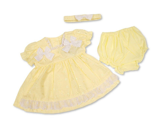 Baby Dress Lemon with Lace and Bows (NB-6m) (PK6) - BIS-2120-6362