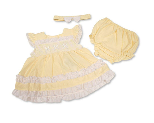 Tiered Baby Dress Lemon with Smocking and Bows (NB-6m) (PK6) - BIS-2120-6363