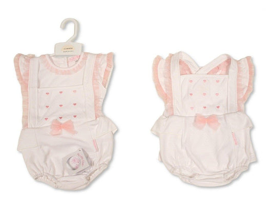 Baby Girls 2 pcs Short Dungaree Set with Bow - Hearts (NB-9m) (PK6) - BIS-2120-6399