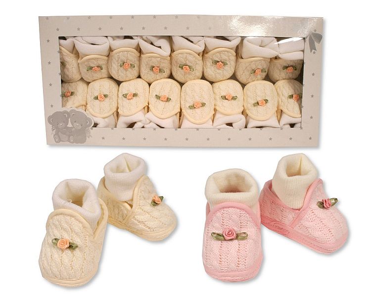 Baby Girls Cotton Booties with Integrated Socks and Rosebud - Cream (One Size) (PK8) Bss-116-381C