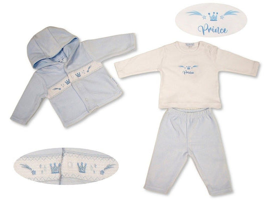 Baby Boys Velour 3 pcs Set with Smocking - Prince (NB-6m) (PK6) - BW-13-430