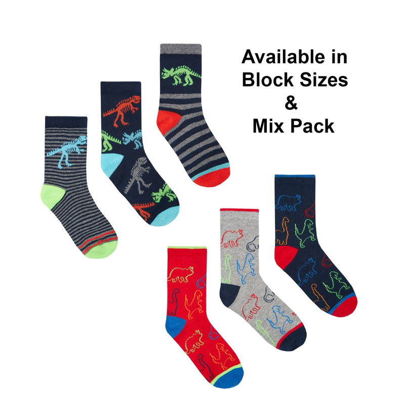 Boys 3 Pack Cotton Rich Design Socks - Dinosaur - Block & Mix - (42B591) - Kidswholesale.co.uk