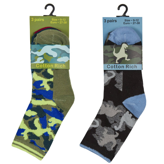 BOYS 3PK COTTON RICH SOCKS - CAMO (6-3.5 assorted) 42B675 - Kidswholesale.co.uk