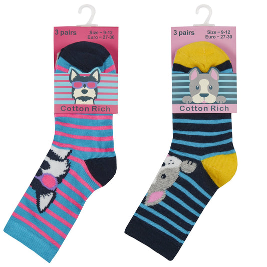 GIRLS 3PK COTTON RICH SOCKS - PUPPIES (6-3.5 assorted) 43B654 - Kidswholesale.co.uk