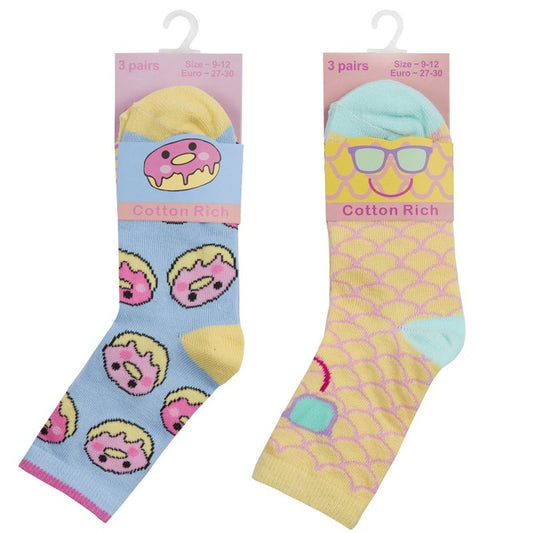 GIRLS 3 PACK COTTON RICH DESIGN ANKLE SOCKS (ASSORTED SIZES) 43B684
