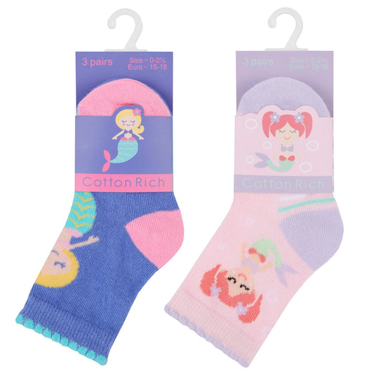 Baby Girls 3 Pack Cotton Rich Mermaid Design Ankle Socks (SHOE SIZE 0-2.5) 44B798 - Kidswholesale.co.uk