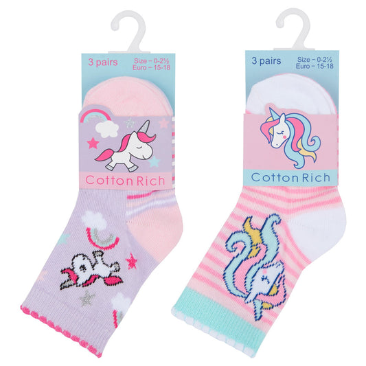 Baby Girls 3 Pack Cotton Rich Unicorn Design Ankle Socks (Shoe Size 0-2.5) 44B802 - Kidswholesale.co.uk