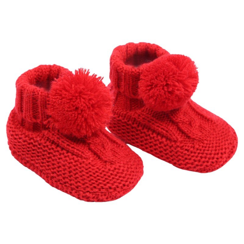 Red 'Elegance' Cable Knit Bootees w/Pom Pom : ABO12-R