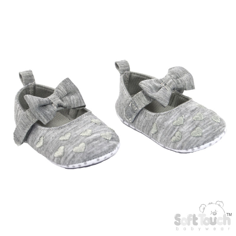 Grey Cotton Slip On Shoes With Heart Embroidery And Matching Bow (6-15 Months) (PK6) B2284-G