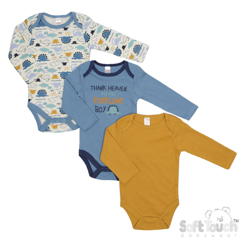 3 PACK LONG SLEEVED BODYSUITS - Dinosaur (Pack Of 6) (0-6 Months)  CC212-BS