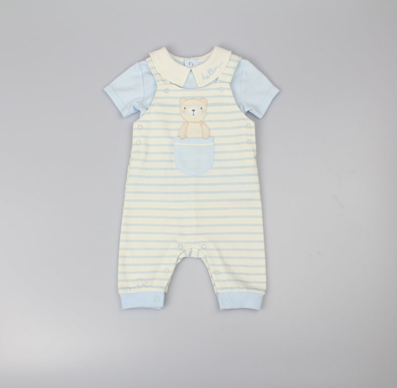 Baby 2pc Dungaree Set - Teddy/Stripes (0-6 Months) (PK6) D12774