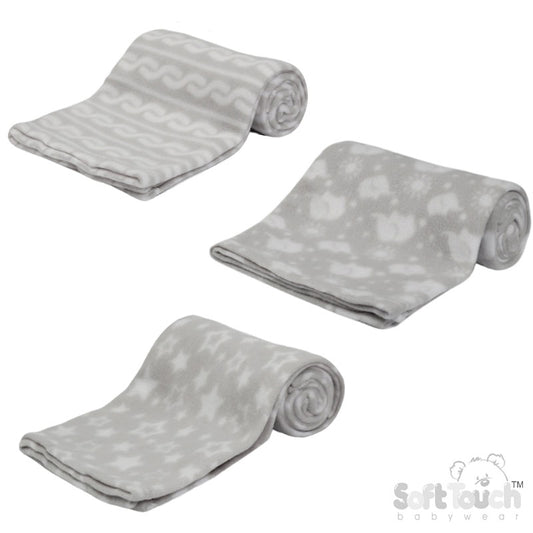 PRINTED GREY BABY FLEECE WRAP (PK12) FBP10-G