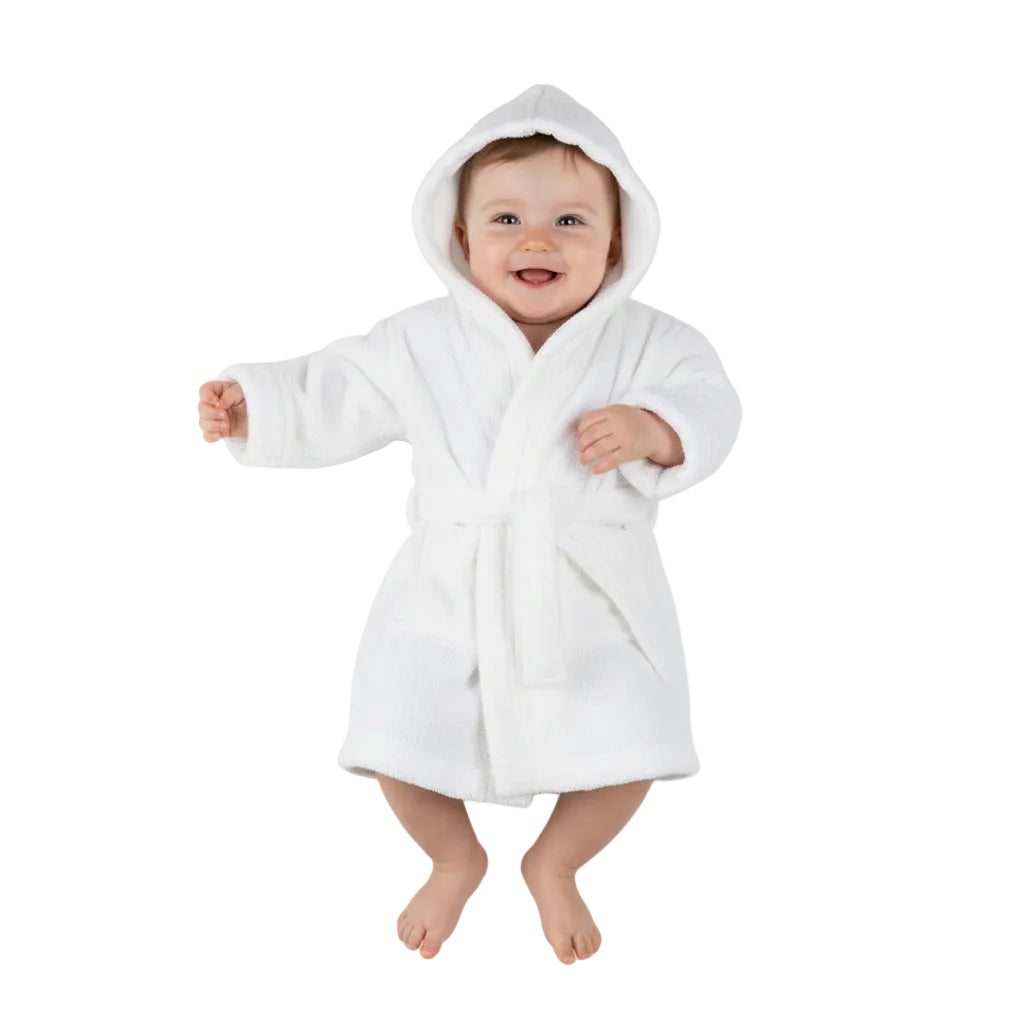 PLAIN WHITE CORAL FLEECE HOODED ROBE: FBR21-0-6-To 24 Month-4FBR22