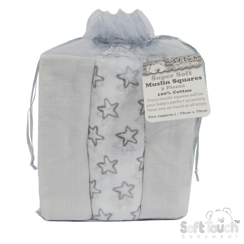 3 Pack Grey Deluxe Super Soft Muslin Squares (PK6) MS13-G