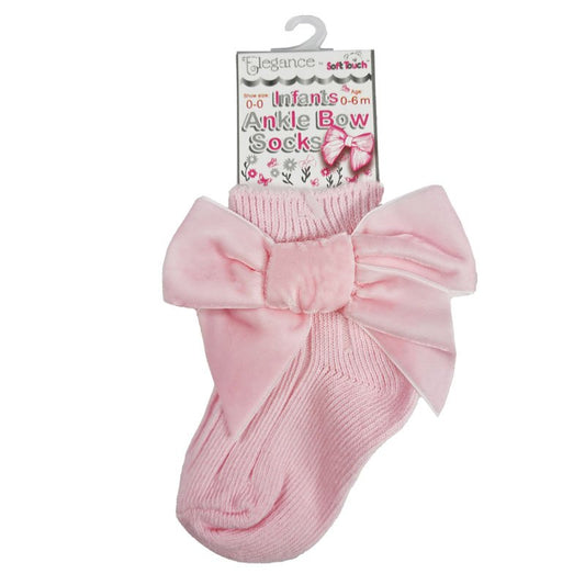 PINK RIBBED ANKLE SOCKS W/LARGE VELVET BOW (0-24 Months) (PK12) S126-P