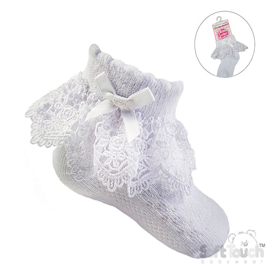 WHITE ANKLE SOCKS W/ROSE LACE & WHITE OR PINK BOW (0-12 Months) S342