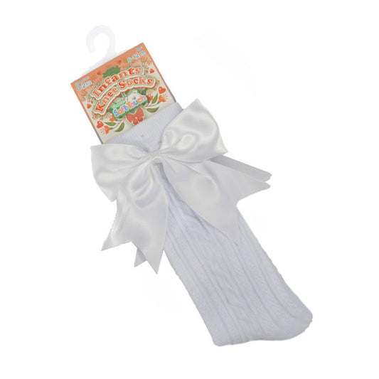 White Infants Knee Length Socks - Large Bow (0-24m) S350-W
