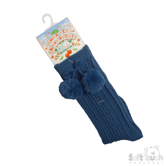 STEEL BLUE 'ELEGANCE' POM POM KNEE LENGTH SOCKS (0-24 MONTHS) S355-SB