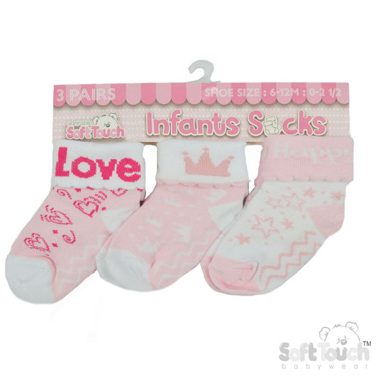 Girls 3pk Turnover Socks -Love (NB-12) S500