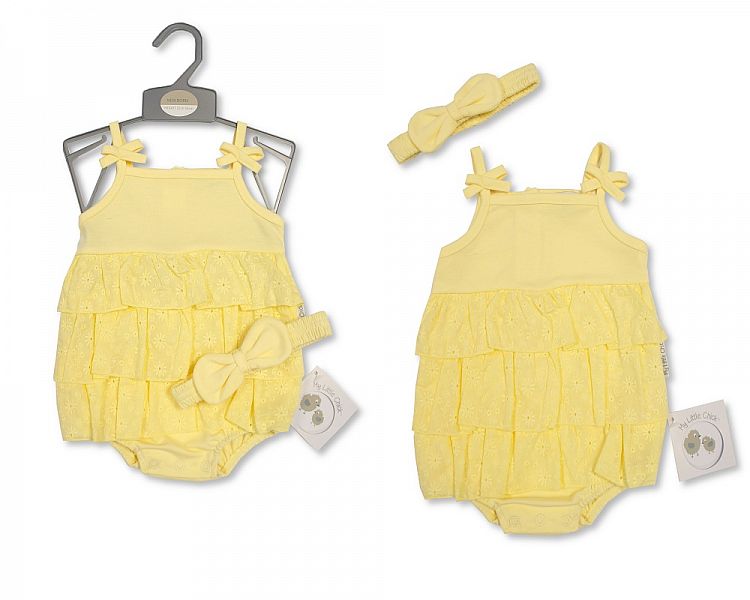 Baby Girls Tiered Romper with Bows and Headband - Lemon (NB-6 Months) (PK6) Bis-2120-6047