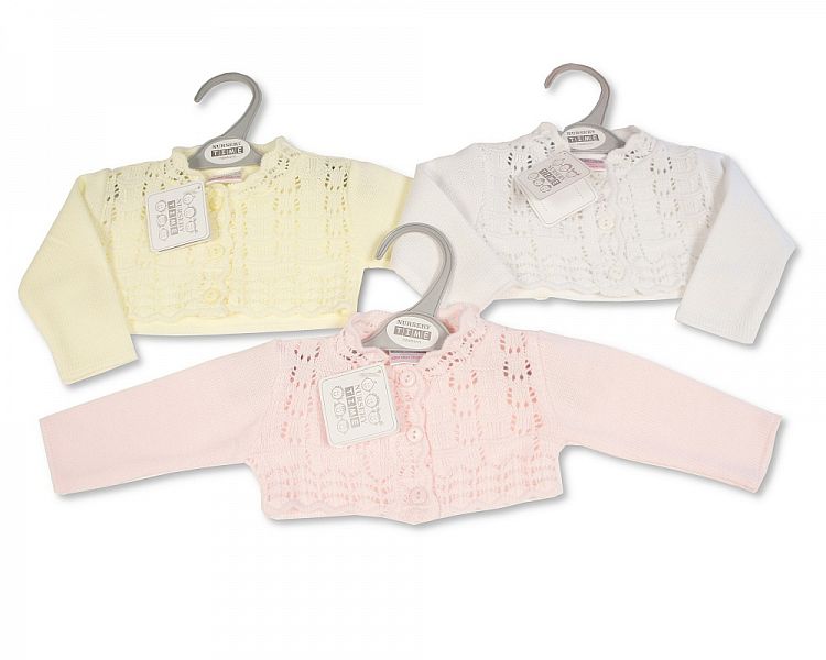 Knitted Baby Girls Bolero Cardigan with Pointelle Pattern - (NB-9 Months) (PK6) Bw-10-214