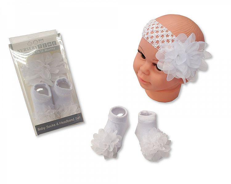 Baby Girls Socks and Headband Set - Flower- White (GP-25-0769) - Kidswholesale.co.uk