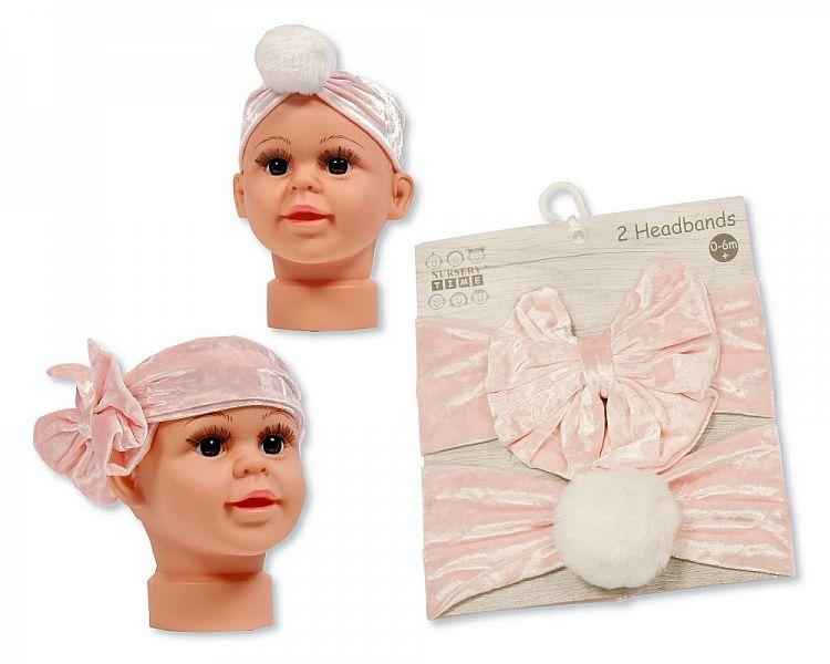 Baby Turban Hats - Pack of Two Bow/PomPom (OneSize:0-6m) GP-25-1018 - Kidswholesale.co.uk