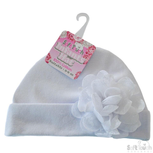 Plain White Hat W/Large Flower (0-18 Months) H11-W - Kidswholesale.co.uk
