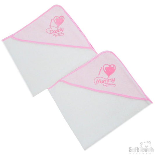 Infants "I Love Mummy/Daddy" Hooded Robe - Pink - HT14-P - Kidswholesale.co.uk