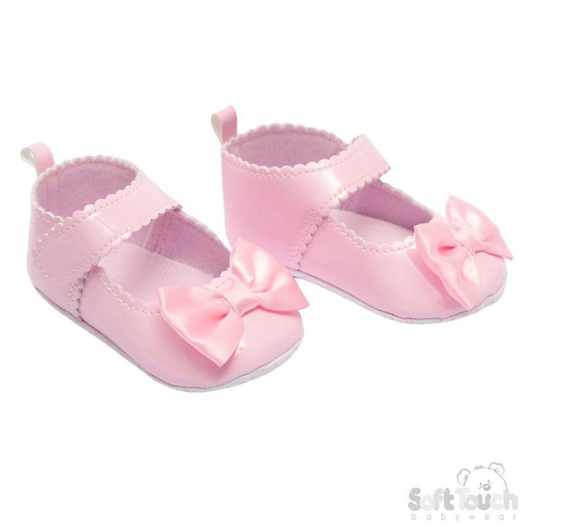 Pink Shiny Scallaped PU Shoes w/Satin Bow: B2275-P