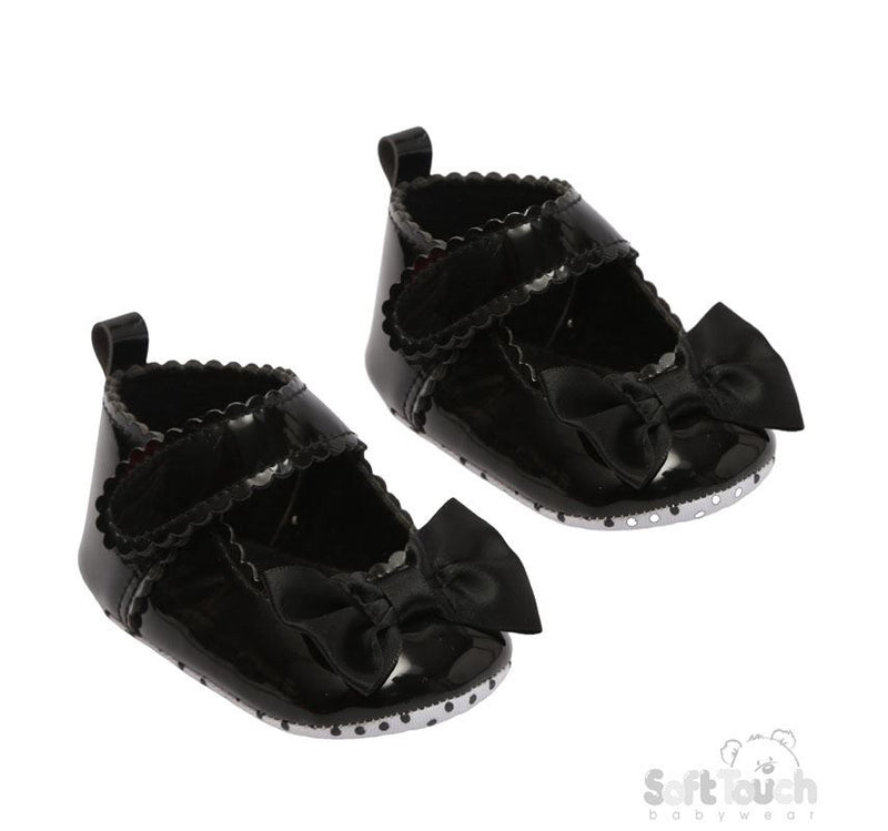 Black Shiny Scallaped PU Shoes w/Satin Bow: B2275-BLK