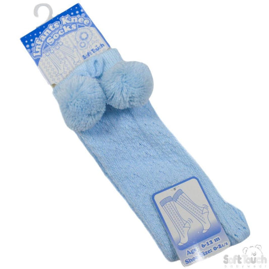 Blue Infants Pelerine Knee-Length Socks W/Pom Pom - 0-24 Months - PS04-B - Kidswholesale.co.uk