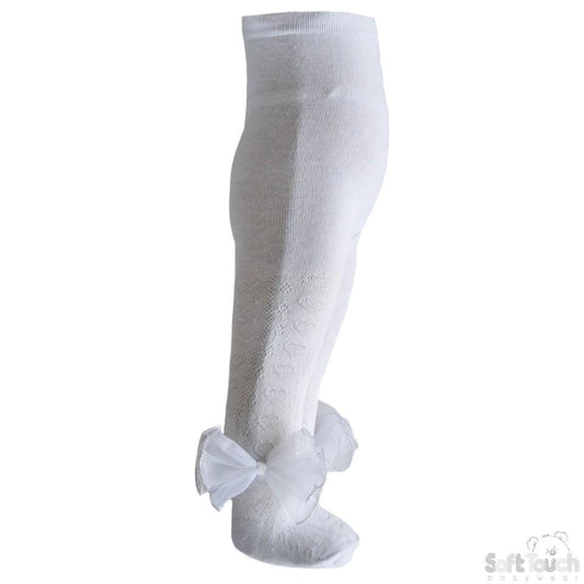 White Hearts Jacquard Tights With Large Organza Bow - NB-24M - T43-W - Kidswholesale.co.uk