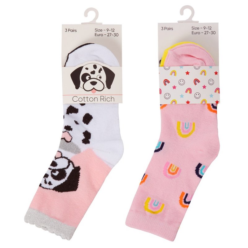 GIRLS 3 PACK COTTON RICH DESIGN ANKLE SOCKS (ASSORTED SIZES) 43B815