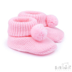 Pom Pom Acrylic Booties - Pink (NB-6m) (PK12) B455-P